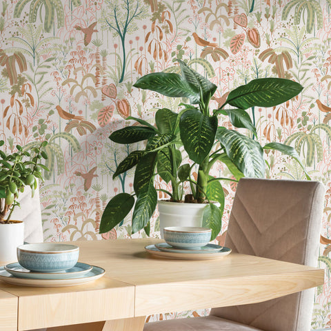 Willow peel and stick wallpaper in a kitchen behind a table.