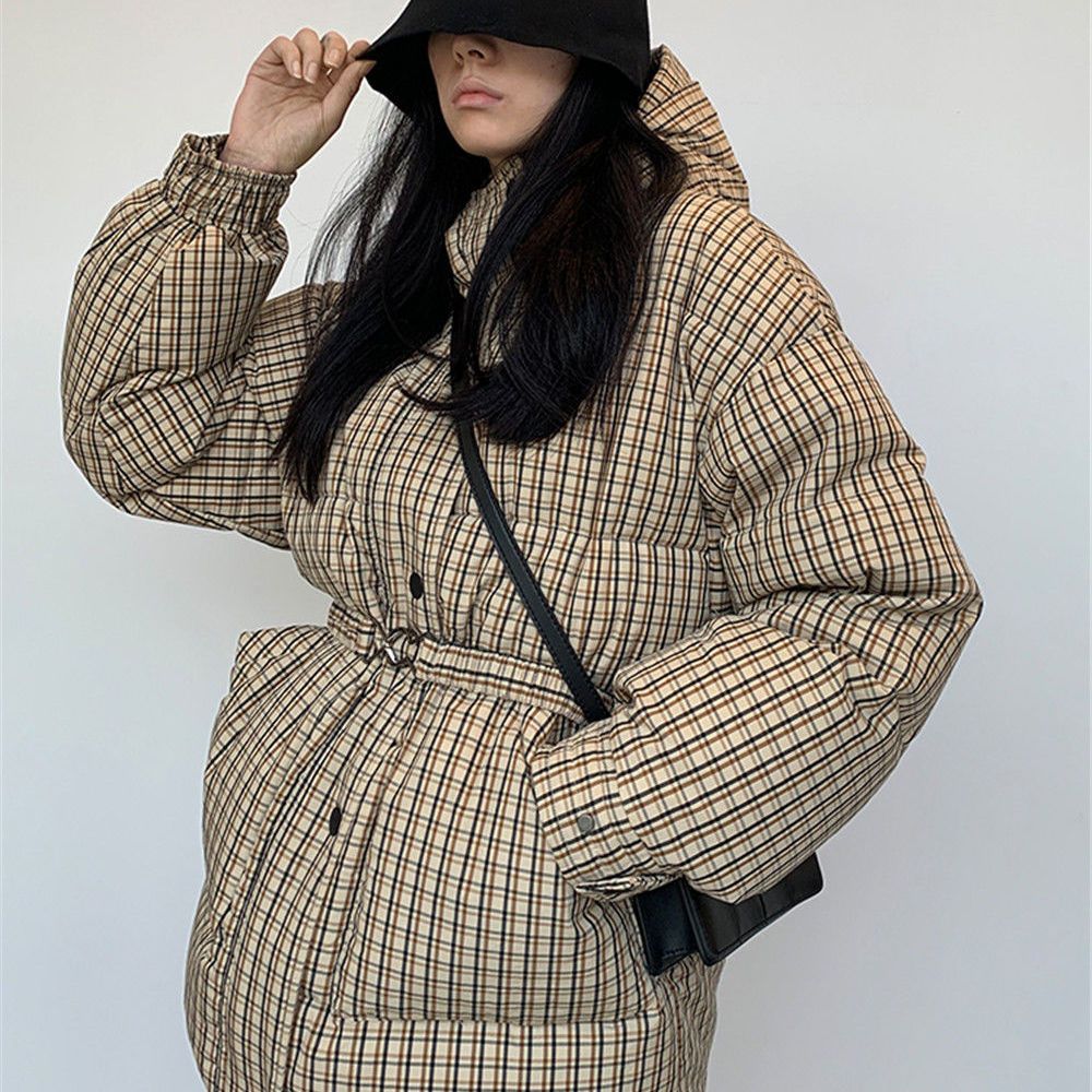 Winter Fashion Plaid Hooded Puffer Jackets Women 2022 Casual Thick Warm Loose Parkas Ladies Cotton Slim Midi Coats Streetwear