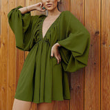 Green Pleated Dresses Sexy Low Cut Lantern Sleeve High Waist Casual Vintage Dress V-Neck A-Line Ball Gown Women Clothes