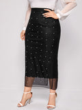 Beads Pencil Skirt for Women Large Size High Waist Slim Mesh Modest Classy Female Package Hip Jupes Falad Office Elegant