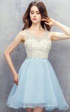 Load image into Gallery viewer, Beautiful Blue Beads Round Neck Short Evening Prom Dress LFNL0471

