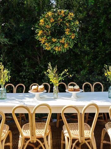 Rattan Dining Sets, Calabasas kids' furniture, Nontecito set, Almalfi set, children's parties, café-style chairs, round white rattan table, Song of Style, farm kids' table, natural pine wood, white finish, event rentals, party furniture, event planning.