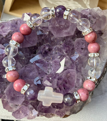 bracelet rhodonite, améthyste, cristal de roche et agate - les trésors d'Isis