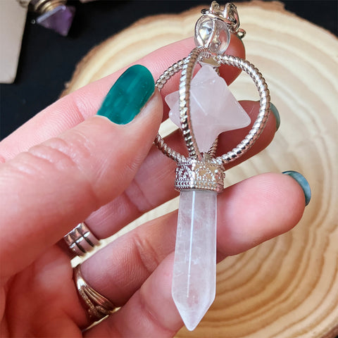 pendule merkabah - cristal de roche et quartz rose - les trésors d'Isis