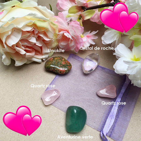 Pochette amour : quartz rose, cristal de roche, aventurine, unakite