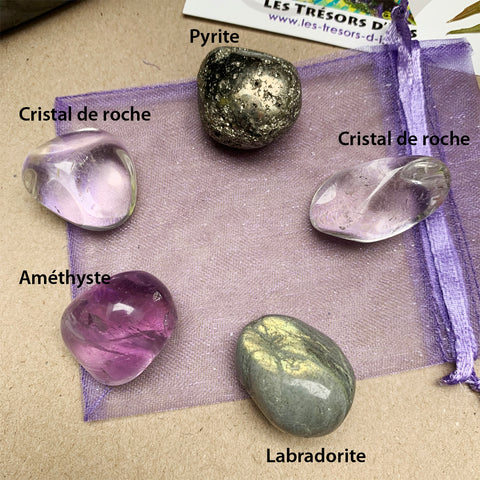 SPIRITUALITE pochette pierres roulées les trésors d'Isis améthyste - cristal de roche - Pyrite