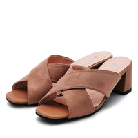 Faux Suede Cross Strap Mid-Heeled Mules