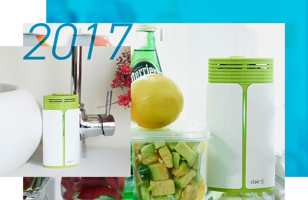 Clair's 2017 milestones, depicting Clair V, a fridge freshener, inside of a refrigerator, and near fruits