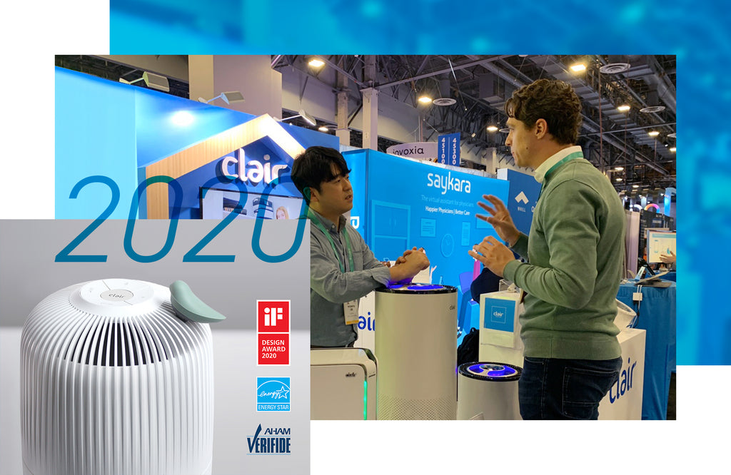 Clair's 2020 accomplishments, such as being awarded the iF design award for air purifier, and attending CES 2020 in Las Vegas