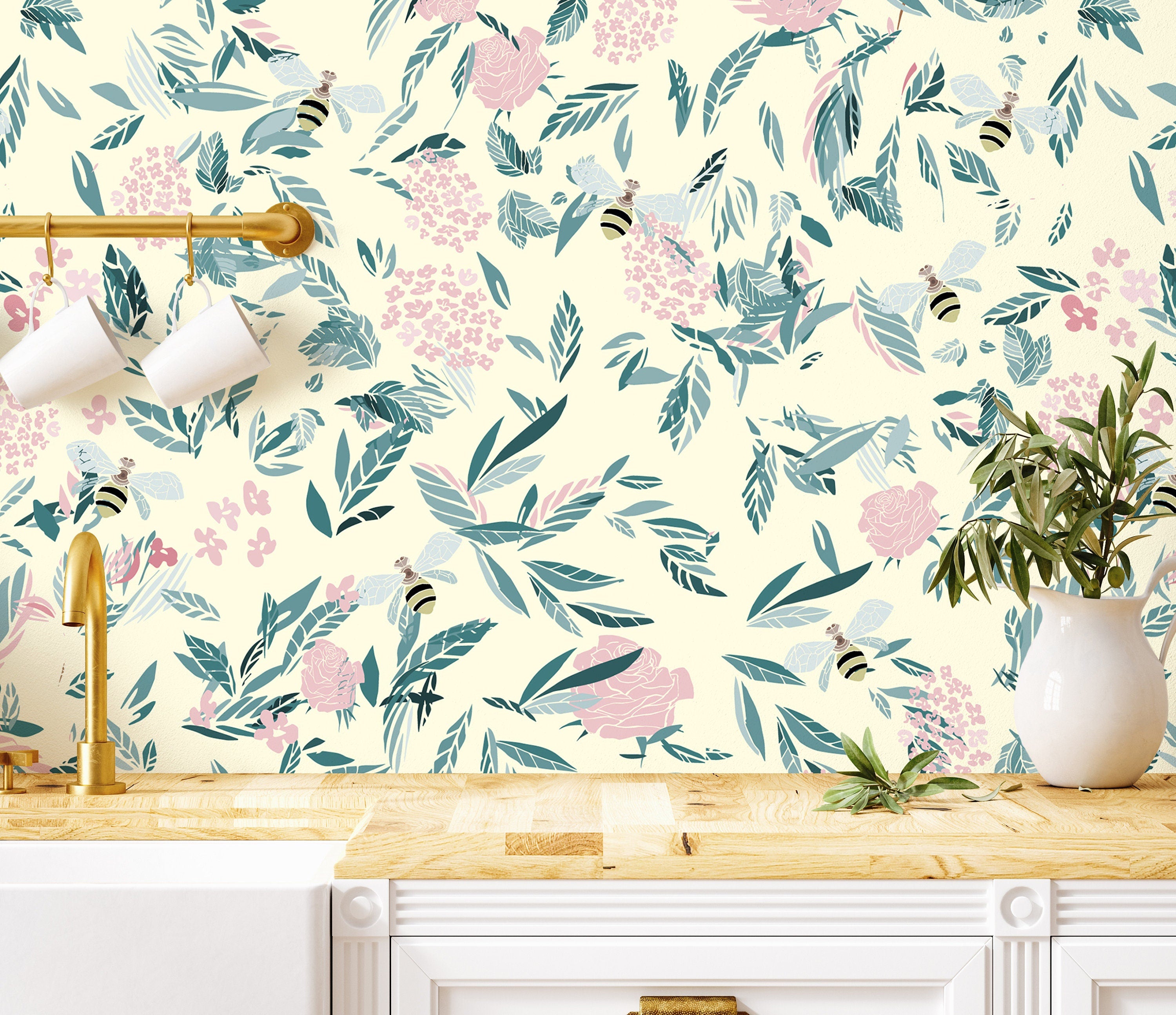 Olive Floral Wallpaper, Adhesive Wallpaper, Wallpaper Peel And Stick, Removable Wallpaper, Wall Paper Peel And Stick