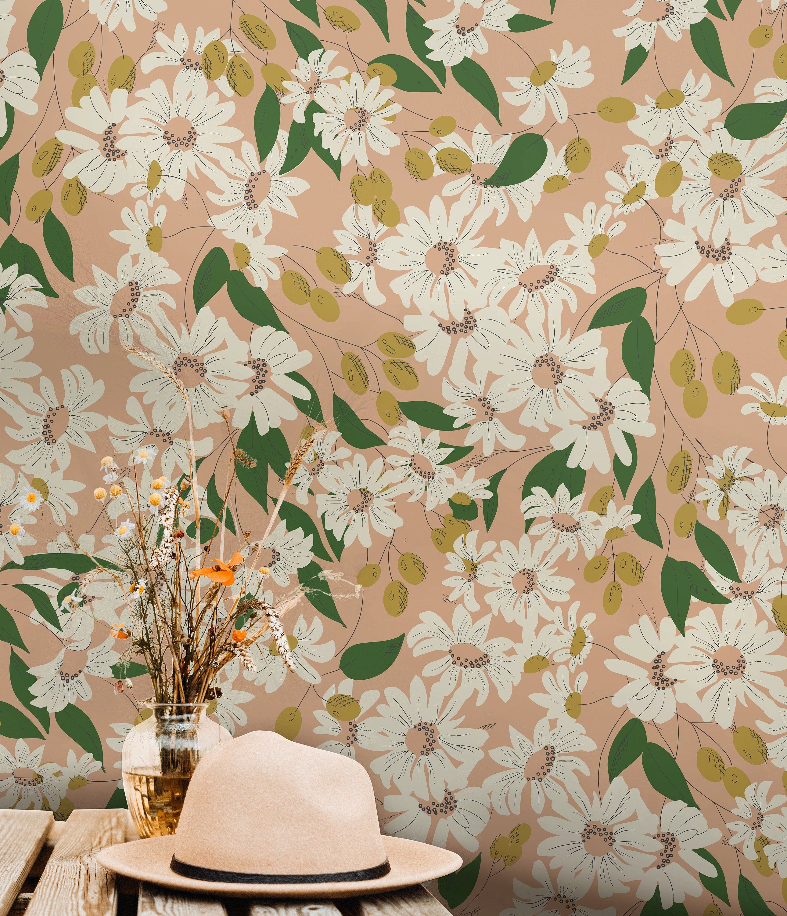 Green Pink Floral Wallpaper, Removable Wallpaper, Peel And Stick Wallpaper, Adhesive Wallpaper