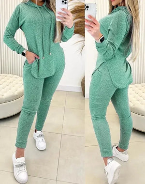 Stylish 2-Piece Women's Outfit: High Waist Pants Set with Hem Slit Long Sleeve Hooded Sweatshirt - AAA Essentials