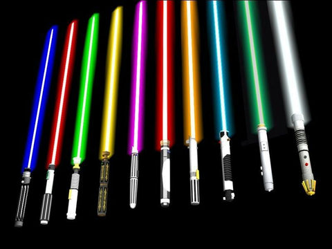 We can see multiple different collored lightsaber blades on this image