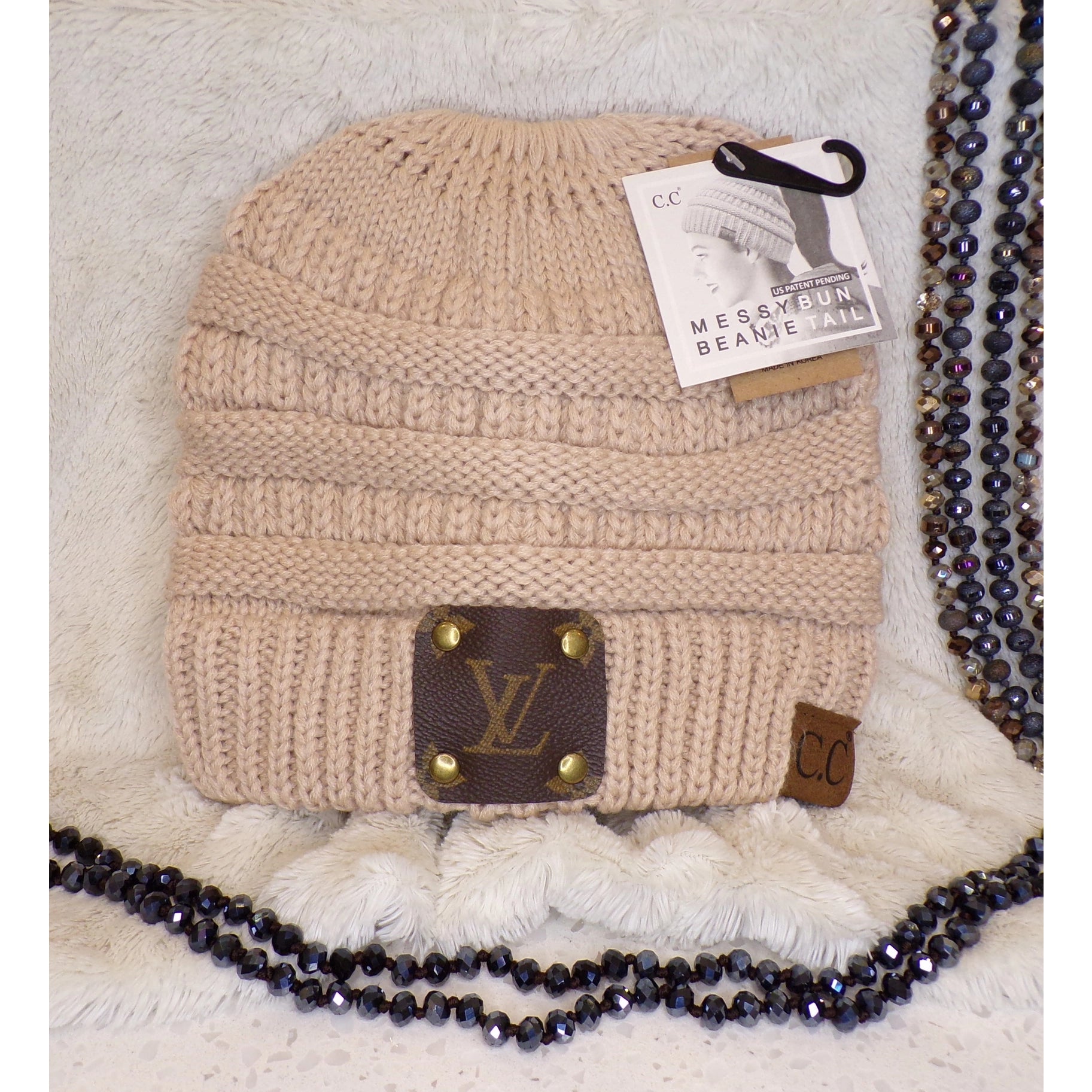 Upcycled LV C.C. "Messy Bun" Beanie