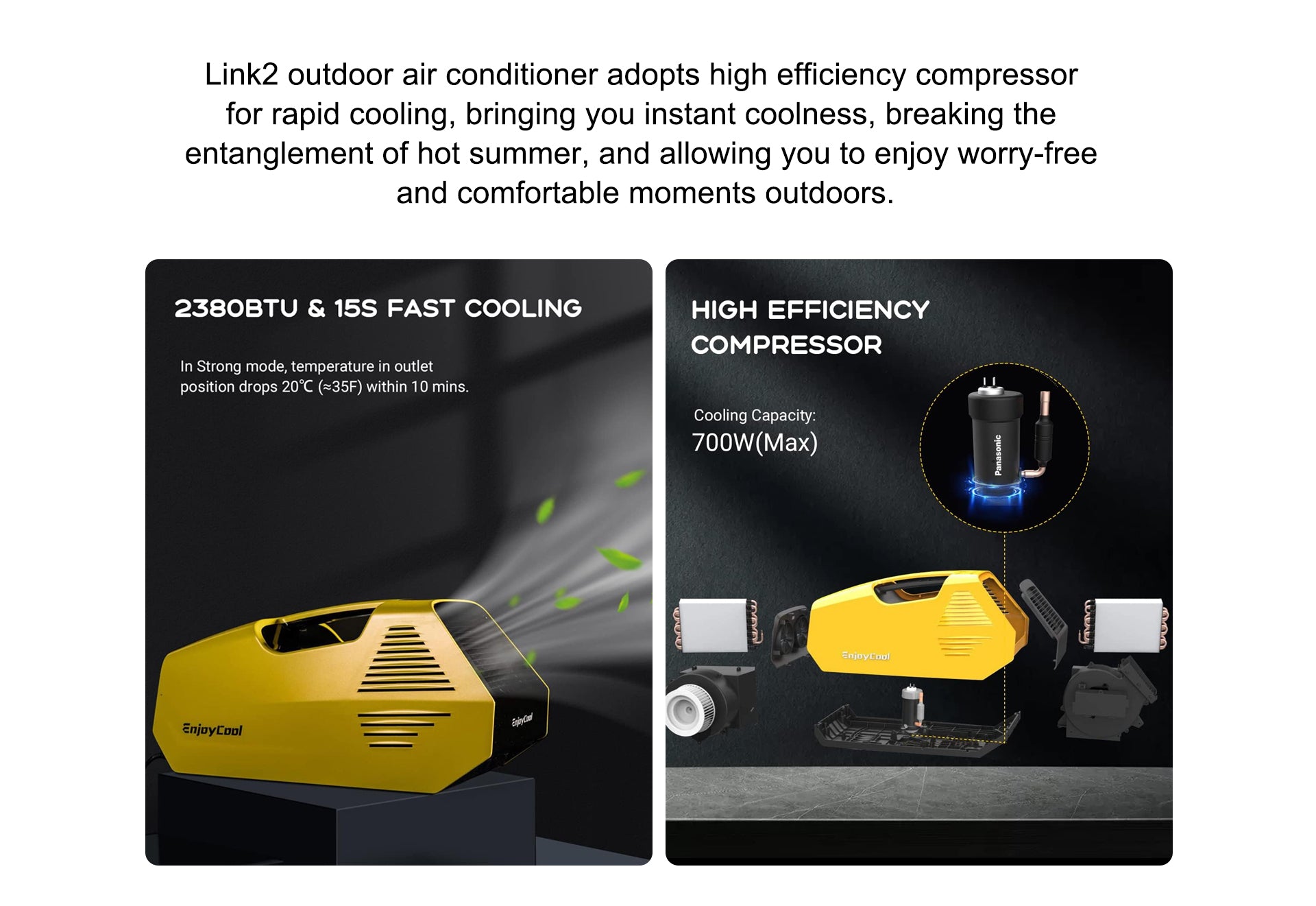 Link2 outdoor air conditioner（portable hvac unit，portble ac unit）adopts advanced refrigeration technology, air conditioning portable unit is fast cooling, bringing you instant coolness, breaking the entanglement of hot heat, so that you can enjoy worry-free and comfortable moments outdoors.