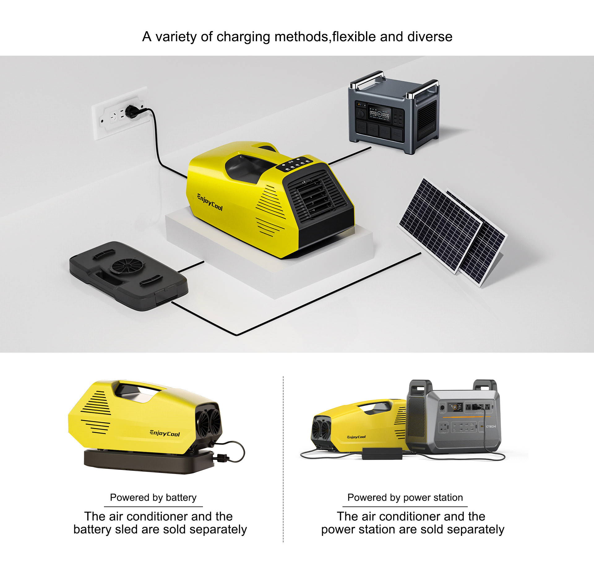 Link2 portable air condioners has a variety of charging methods, which can be charged through energy storage, battery charging, and solar panels.