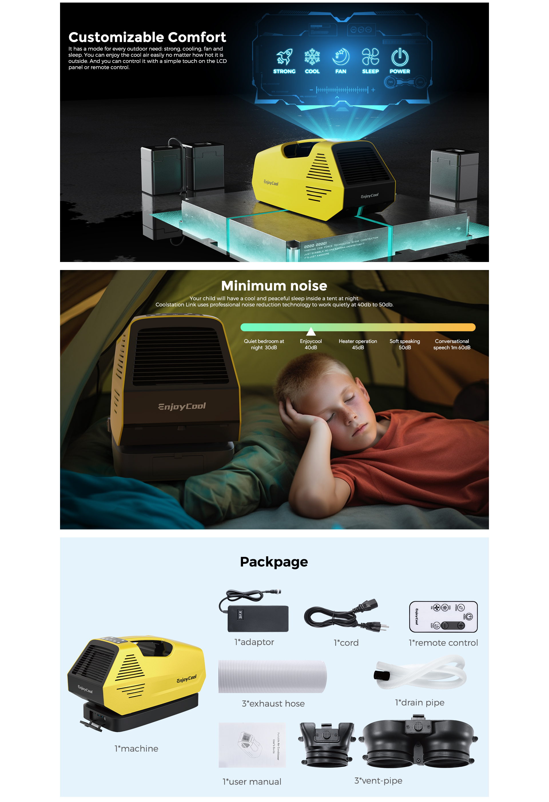 The link air coinditioner,portable ac for home,rolling ac unit, has a low noise level of 43 decibels, giving you a comfortable and cool night's sleep.
