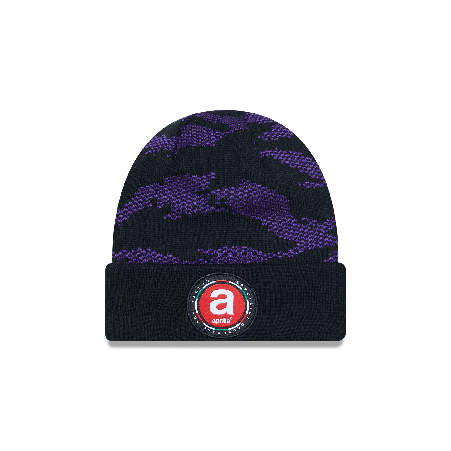 Aprilia All Over Print Black Cuff Knit Beanie Hat