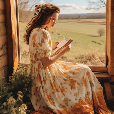 Bohemian dress overlooking fields journaling