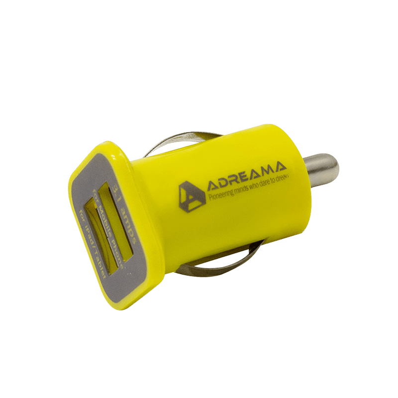 Car Charger with Two USB-A Ports, Yellow, Angle View.