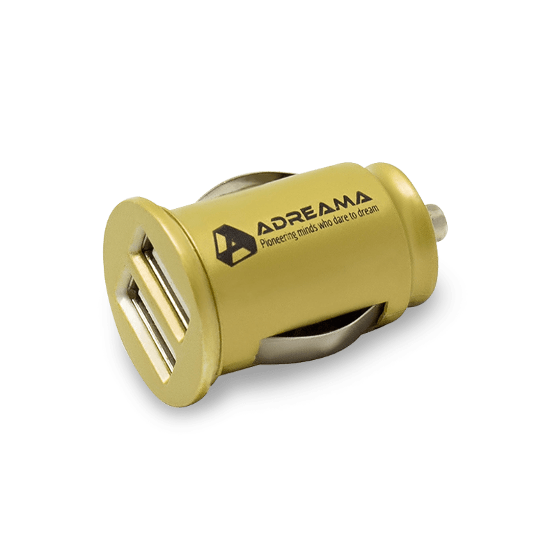 Car Charger with Dual USB-A Ports, Gold, Angle View.