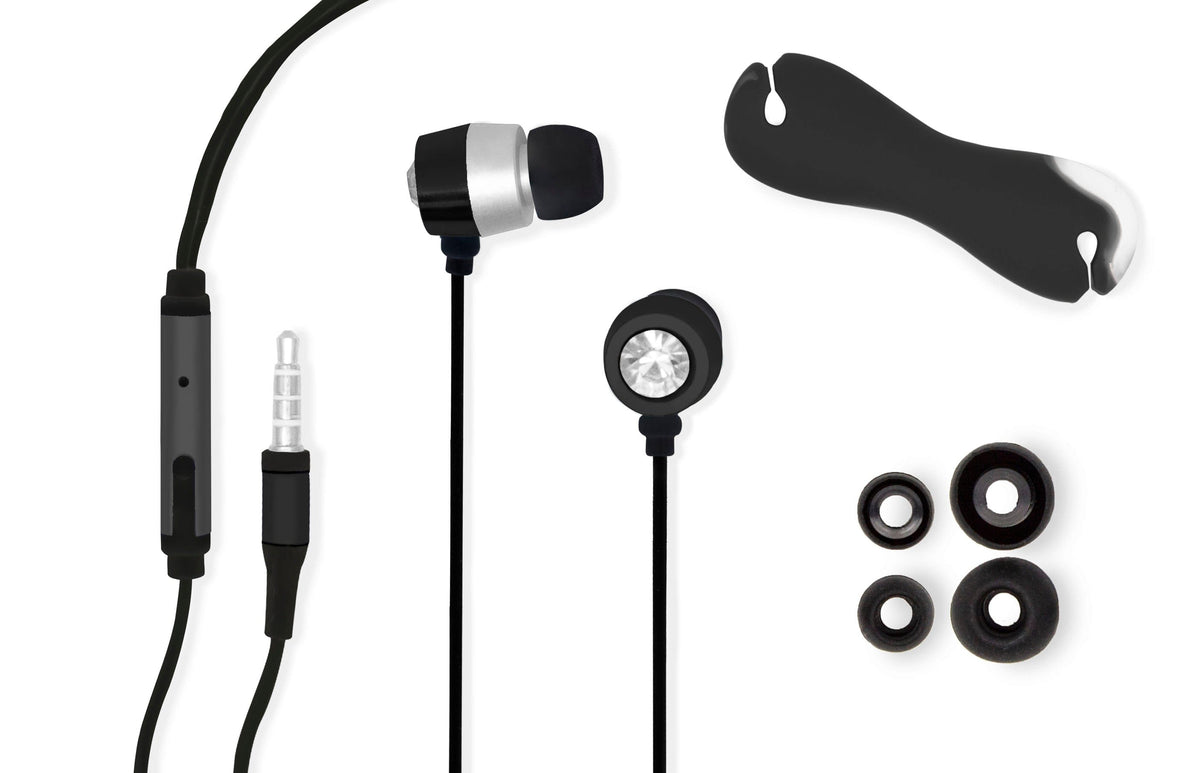 Wired Earphones with Jewel, Mic, Audio Jack, Cord Clip, and Replacement Earbuds, Black Color.