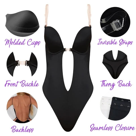 Women Plunging Deep V-neck Body Shaper Strapless Backless Bodysuit