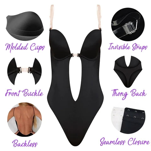 Women Backless Shapewear Plunge V-neck Bodysuit Invisible Body