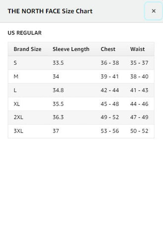 THE NORTH FACE Size Chart