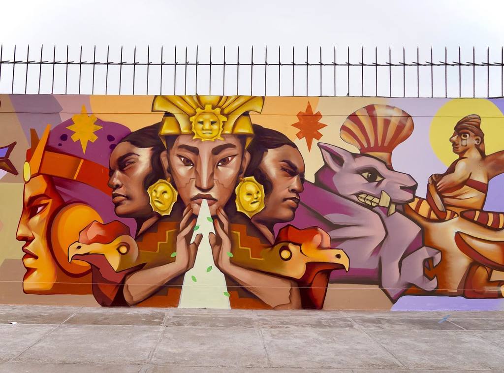 Street art mural of abstract inca characters