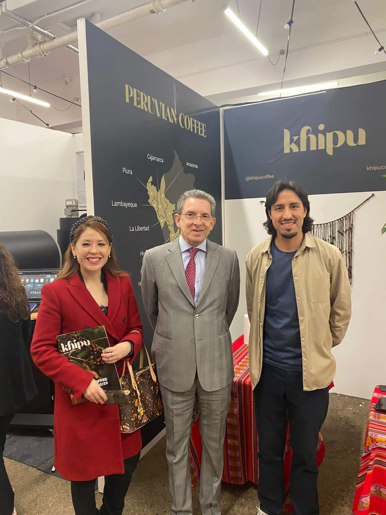 Mark Russell from Khipu Coffee with Cosette Ocampo and Juan Carlos Gamarra from Peruvian British Embassy at London Coffee Festival