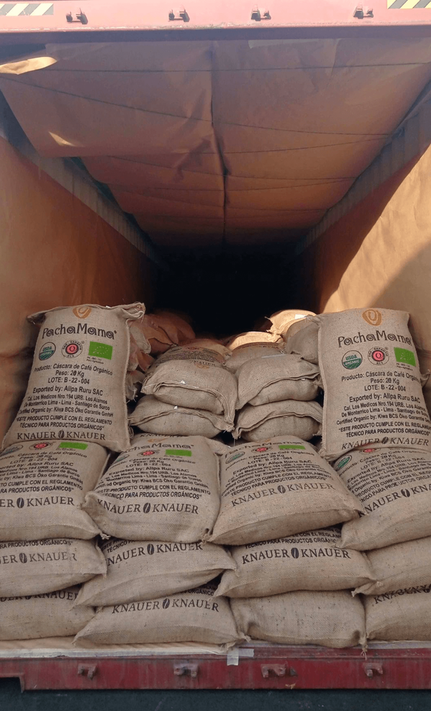 Jute sacks of the cascara being exported to Germany