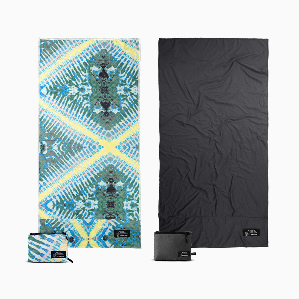 Tie Dye and Charcoal flat lay towels and pouches on white background