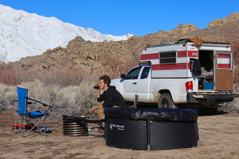 Camping with a portable spa on snowy mountain