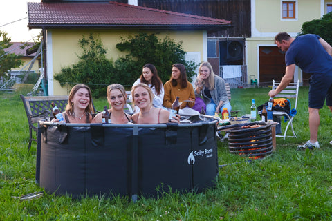 Wood burning spa in front of farm house