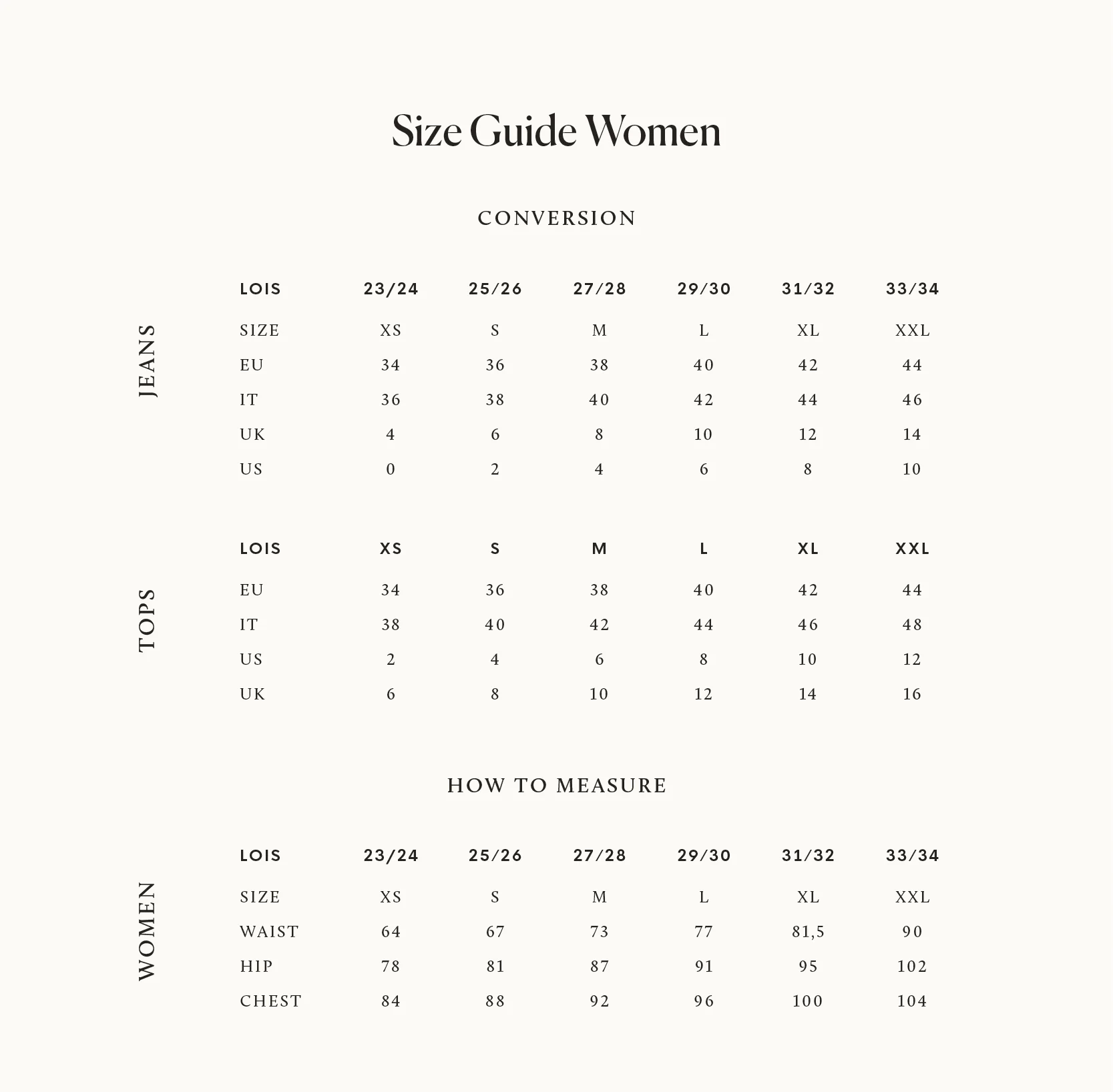 Size Guide Women  Lois Jeans - EU Store