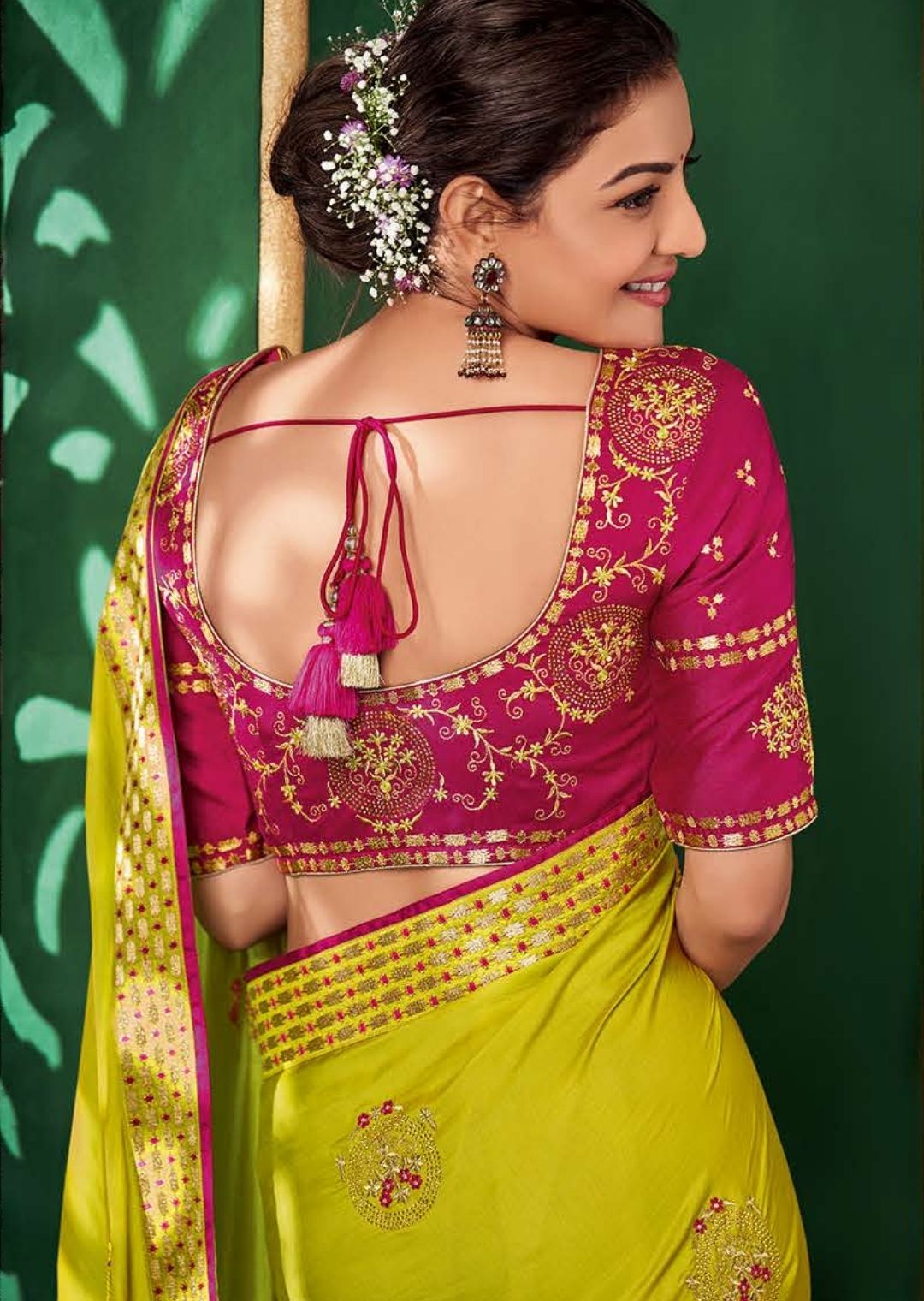 Lime Green Woven Celebrities Designer Saree with Embroidered Silk ...
