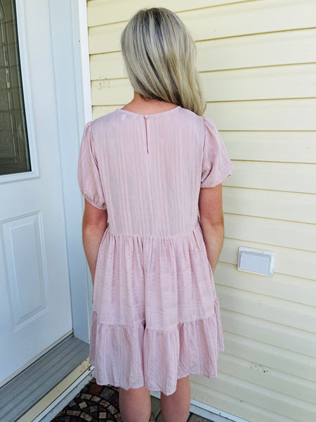 Puff Sleeve Textured Fabric Dress - Blush