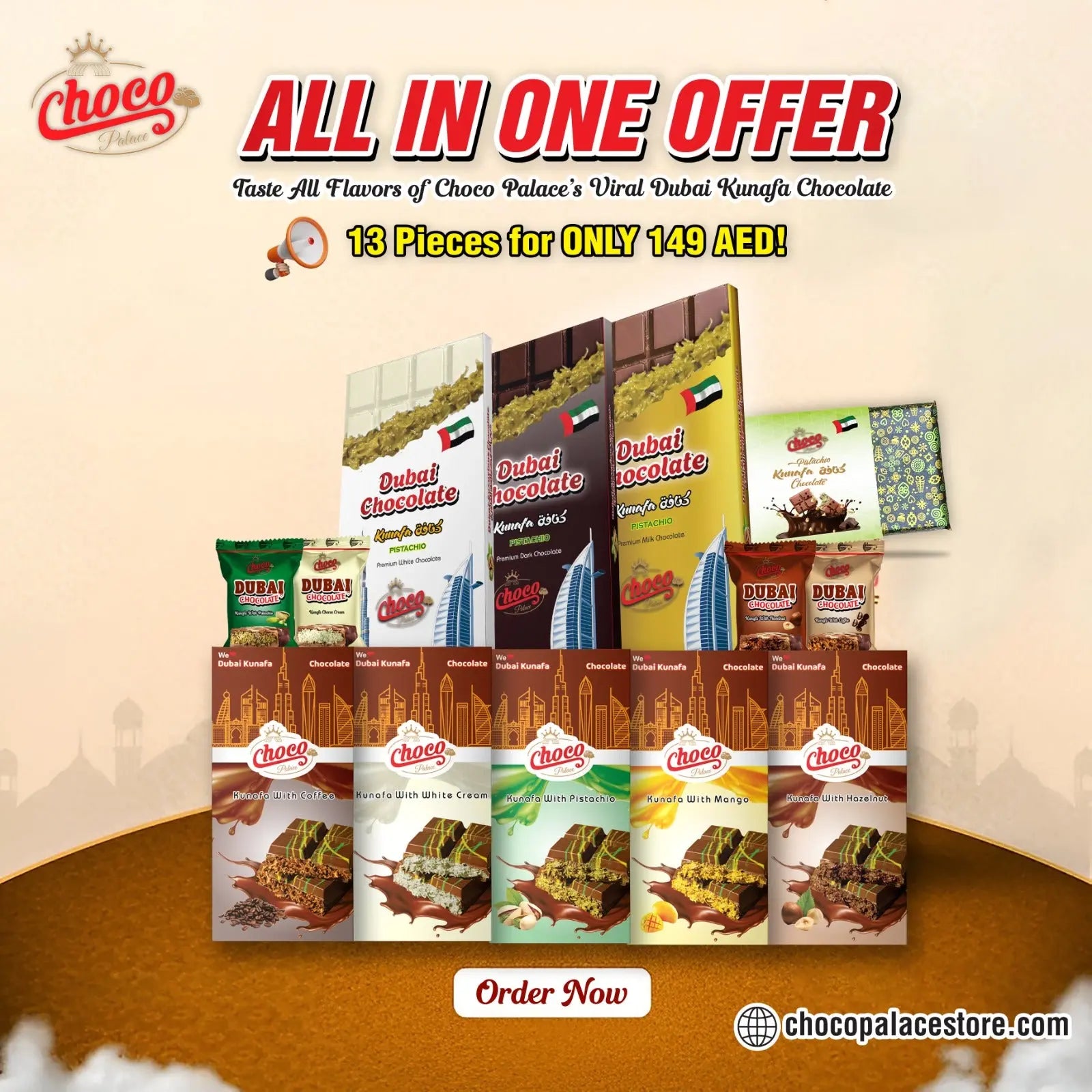 Dubai viral Kunafa chocolate All In One Limited Offer, 13 pieces in just 149 aed ( 3 * peice 200 gm + 5 pcs 100 gm + 50 gm 1 pc + 4 pcs 20 gm ) All different flavours