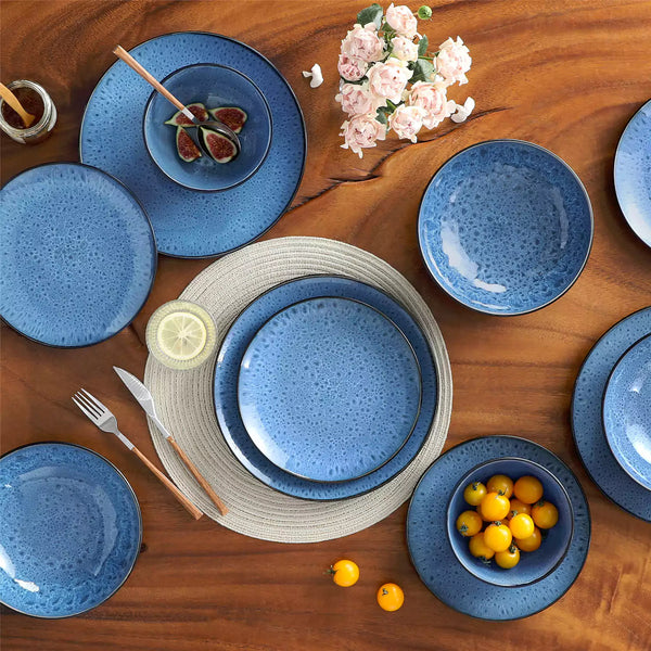 16-Piece Stoneware Set With Blue Soup Bowls, Featuring Glossy Reactive Glaze For Stylish And Functional Soup Dining Experiences.