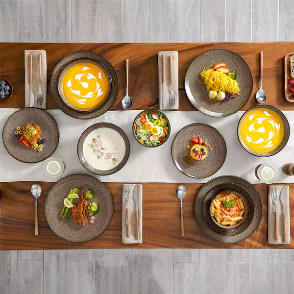 Brown bubble dinnerware set with soup bowls on rustic wood table in farmhouse style