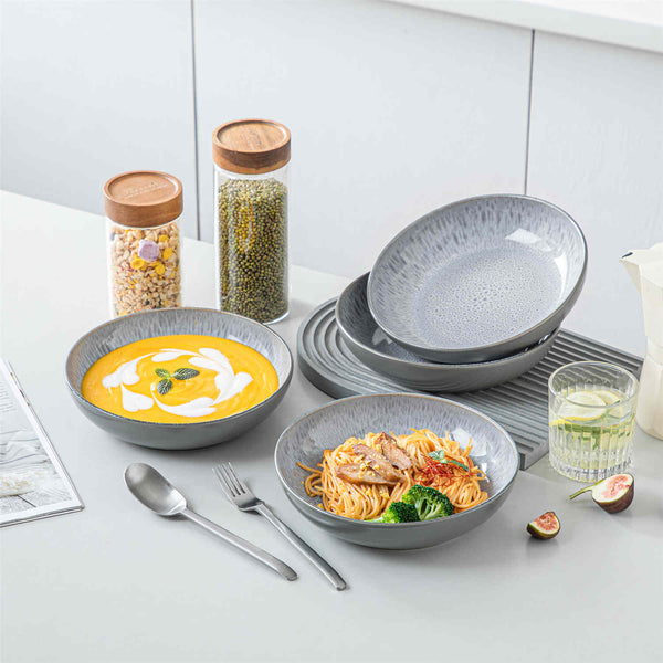 vancasso Karst Pasta Bowls Set of 4 in Grey Stoneware with a Reactive Glaze, Bringing Farmhouse Charm to Your Pasta and Soups