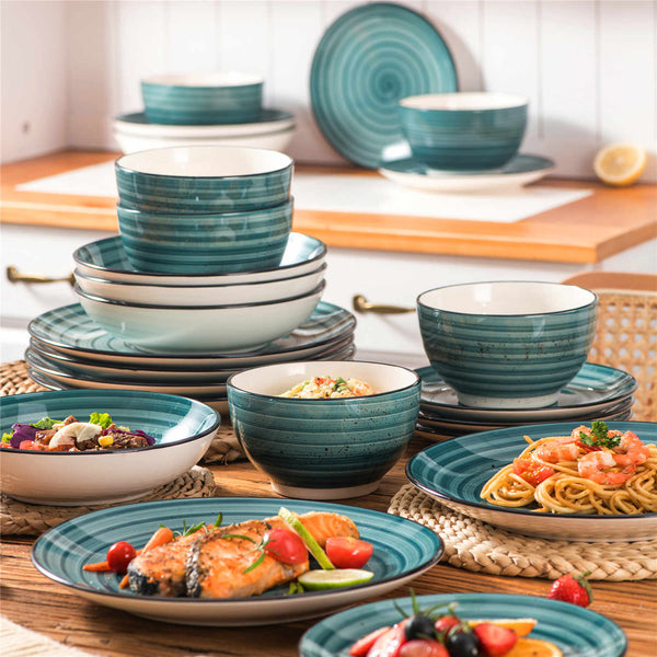 Vancasso Bonbon 24-Piece Stoneware Set in Green, Featuring a Spiral Design and Speckled Accents, Adds Vintage Charm to Your Table.