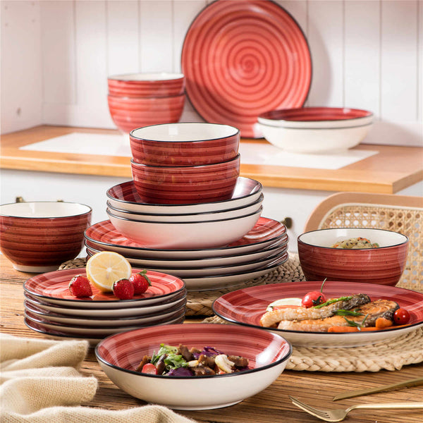 vancasso Bonbon 24-Piece Stoneware Dinnerware Set in Red with Speckled, Handmade Spiral Design