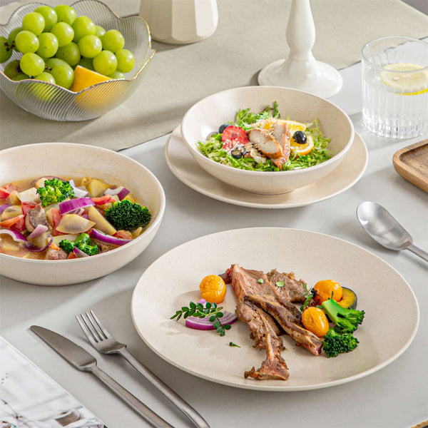 vancasso Sabine 16-Piece Dinnerware Set, Featuring a Semi-Matte Finish and Sesame Speckled Glaze for a Distinctive, Modern Look.