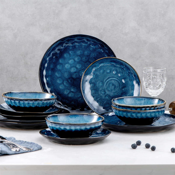 vancasso Starry 12-Piece Blue Stoneware Dinnerware Set with Unique Reactive Glaze