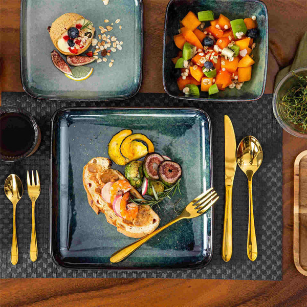 vancasso Stern 16-Piece Green Stoneware Dinnerware Set, with Deep Soup Plates, Create a Charming Farmhouse-Style Atmosphere.