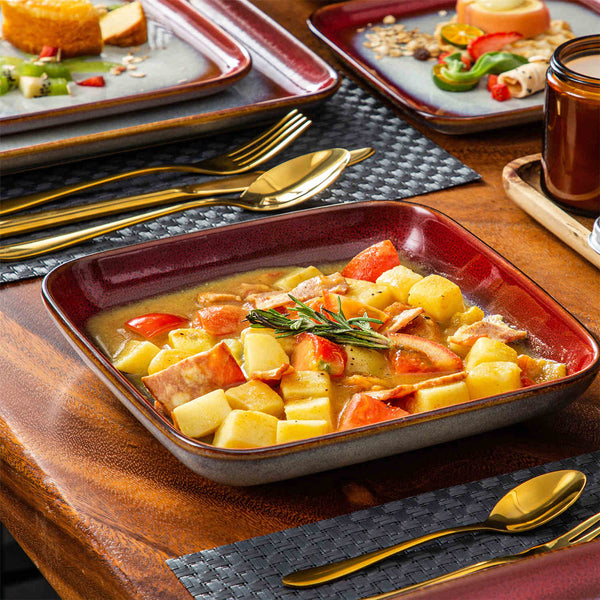 vancasso Stern 16-Piece Stoneware Dinnerware Set in Red, Featuring Unique Reactive Glaze, Ideal For Rustic Brunches and Cozy Family Dinners.