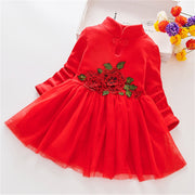 Toddler Girl Solid Color Rose Appliqué Mesh Patchwork Stand Up Collar Long Sleeve Dress Wholesale Red 3-4 Years