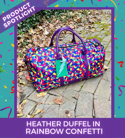product spotlight: the heather duffel in rainbow confetti print